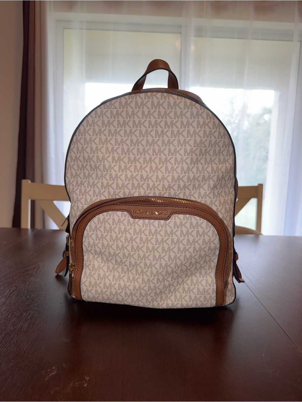 Michael Kors Cream and Brown MK Logo Backpack